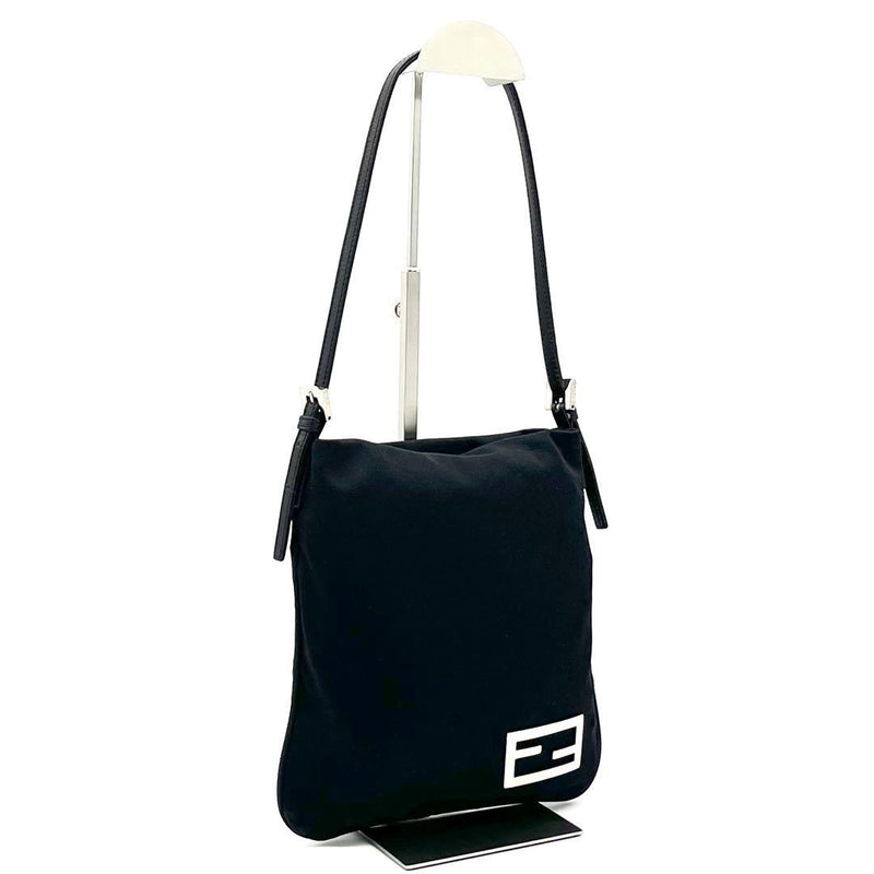 FENDI Mamma Baguette Black Jersey Leather Shoulder Bag H24 W22 D1cm Silver