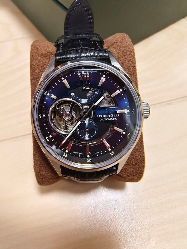 ORIENT STAR Automatic Watch Blue Dial Leather Band 41mm Open Heart Power Reserve
