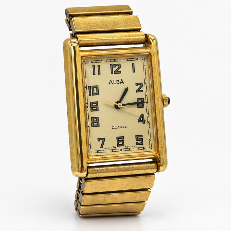 SEIKO Alba Quartz Tank Y101-5170 23mm Case Square Gold Dial Mens Watch