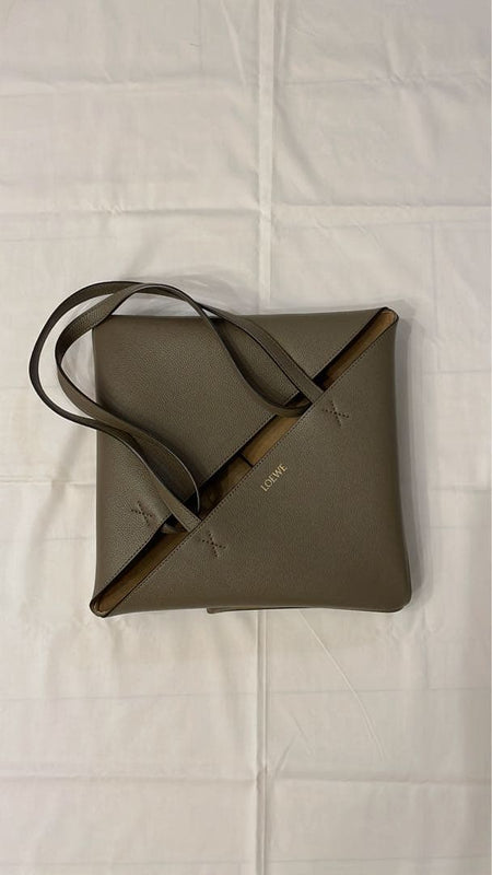 LOEWE Puzzle Fold Tote Medium Soft Grained Calf Embossed Suede Lining Taupe