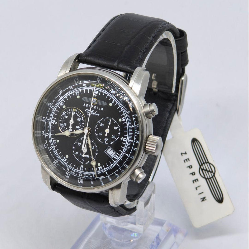 Zeppelin 7680-2 Quartz Chronograph Alarm Watch 42mm Black Dial Leather 22mm Lug