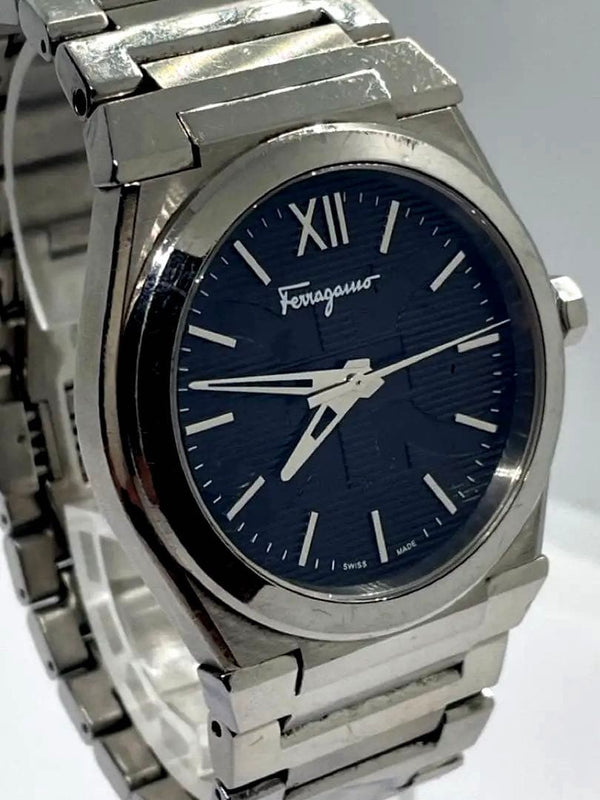 Salvatore Ferragamo Quartz Watch Stainless Steel Case Navy Guilloche Roman Dial