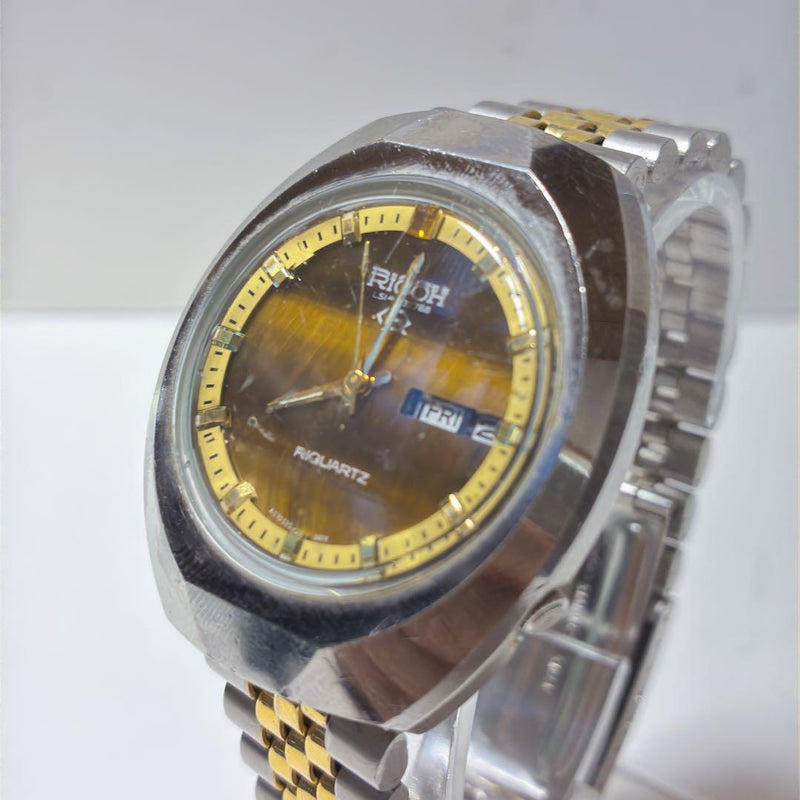 RICOH RIQUARTZ GT1 Quartz Watch Tiger Eye DayDate Combi Band 52-14-0 t408