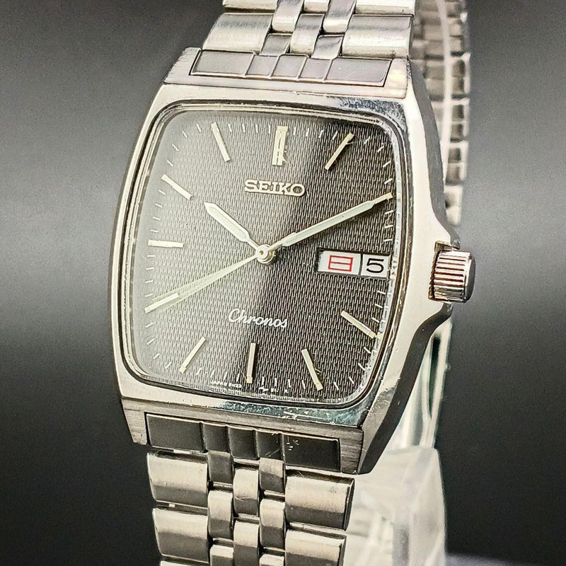 SEIKO Chronos 5H23-5110 Quartz 30mm SS Square Black Guilloche Day-Date 1990