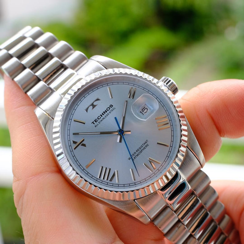 TECHNOS Quartz Watch Stainless Steel Tungsten Sapphire Crystal Silver Dial