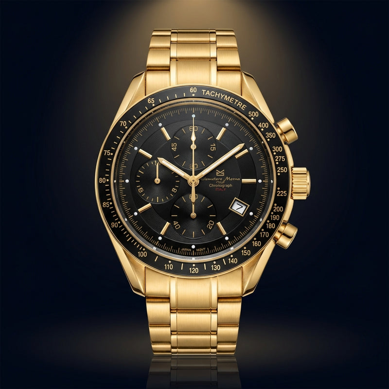 Gold Ip Coated Chronograph Watch 100m Water Resistant Multi-function Sport