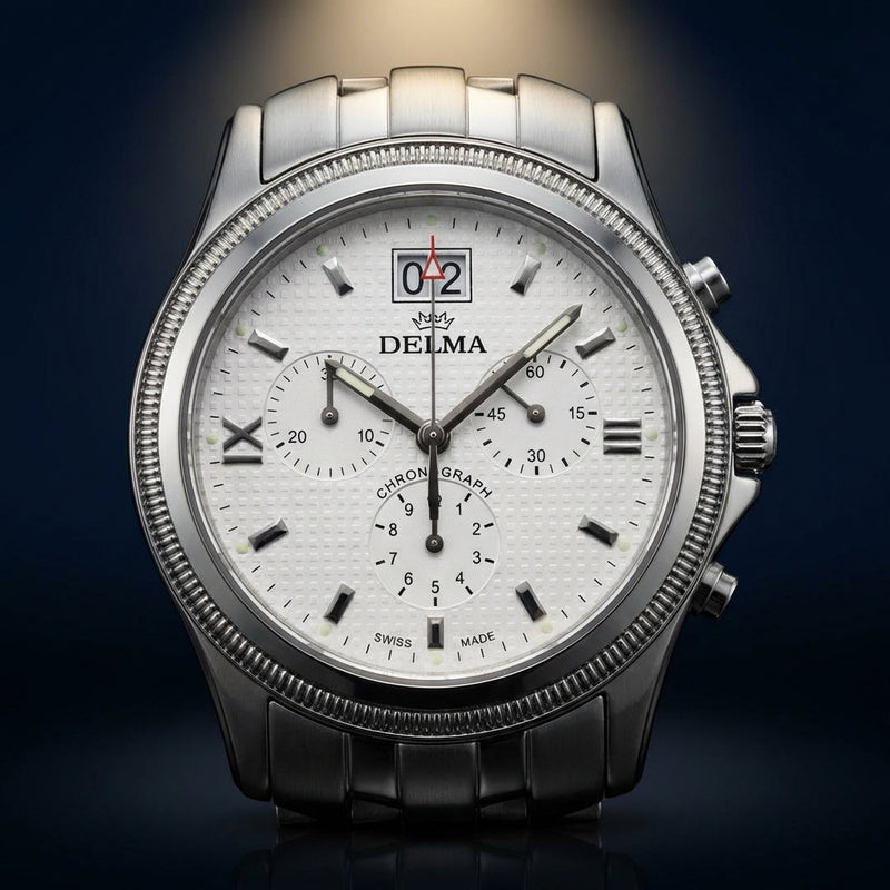 Quartz Watch White Dial Chronograph Mens Wristwatch Stainless Steel Case