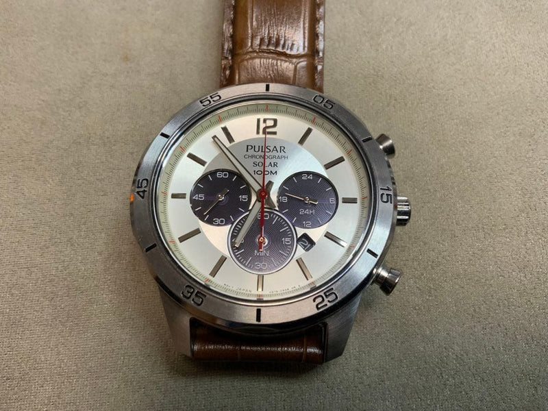 Pulsar Solar Chronograph Watch Mens Analog Stainless Steel Water Resistant