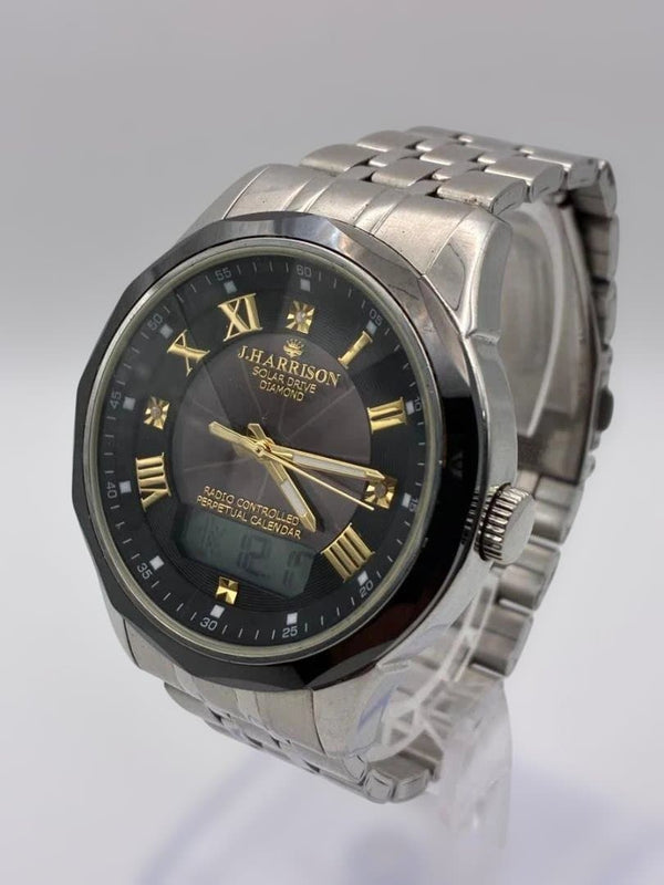 John Harrison Solar Watch Black 3 Diamond Mens Wristwatch Working Genuine