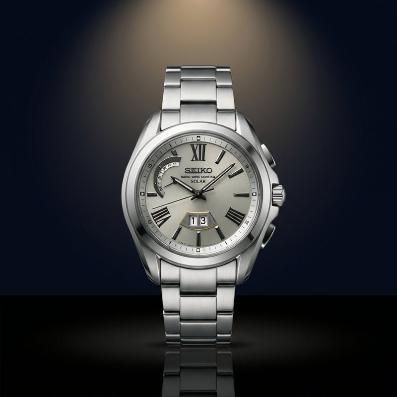 Brightz Radio Solar Watch Radio-controlled Big Date Silver Dial Mens