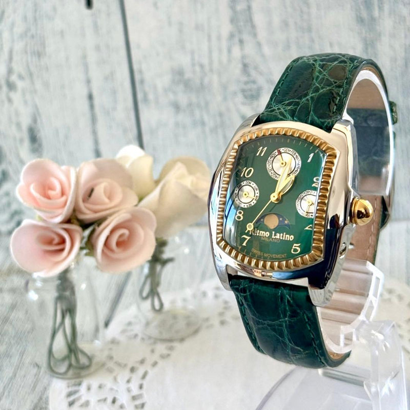 Ritmo Latino Moon Phase Watch Green Dial Leather Band Mens Wristwatch