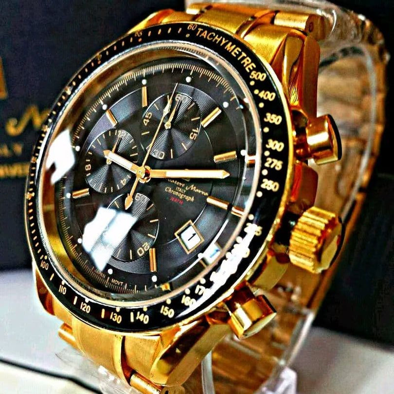 Chronograph Watch Gold Ip Coating 100m Water Resistant Multi-function Analog