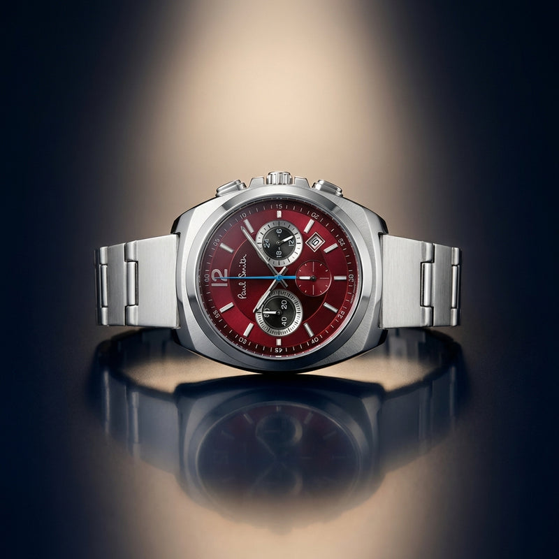 Mens Wine Red Chronograph Watch Quartz Stainless Steel Wristwatch