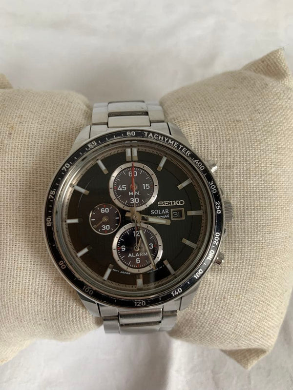 Solar Chronograph Watch Mens Silver Stainless Steel Sne331 Date Water