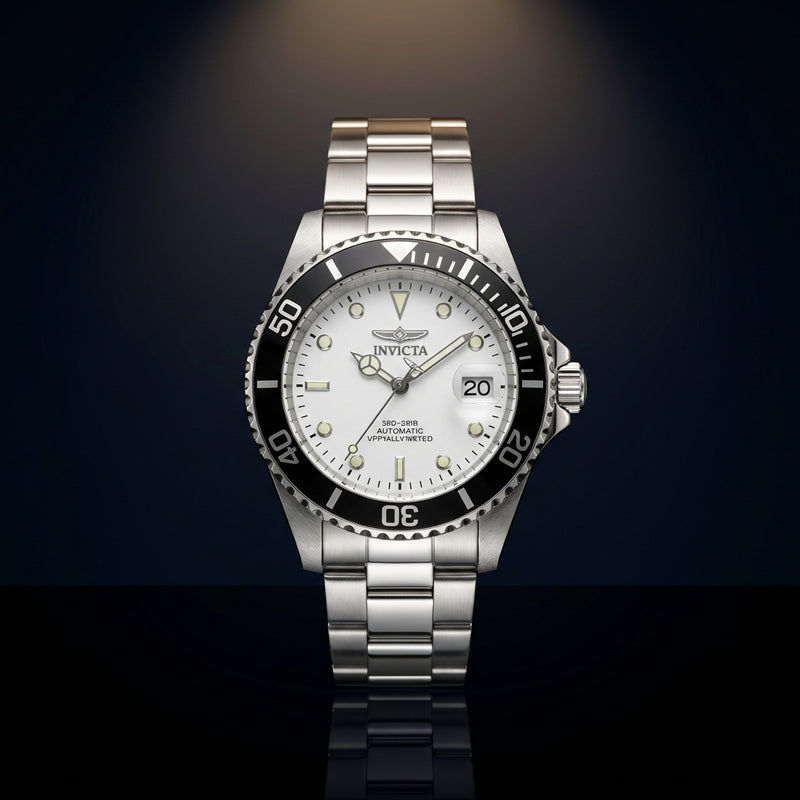 Mens  Watch Silver White Black Dial Stainless Steel Pro Diver