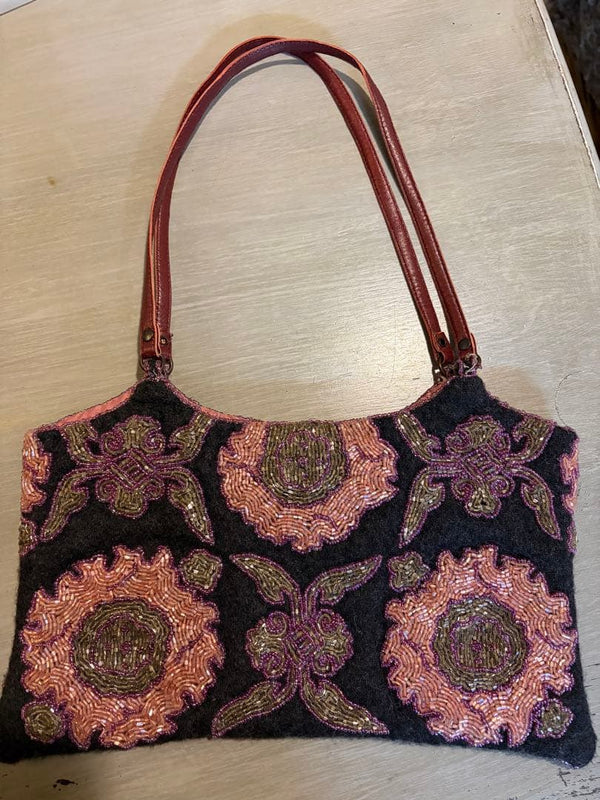 JAMIN PUECH Felt Bead Embroidered Floral Dark Gray Pink Bronze Leather Handle