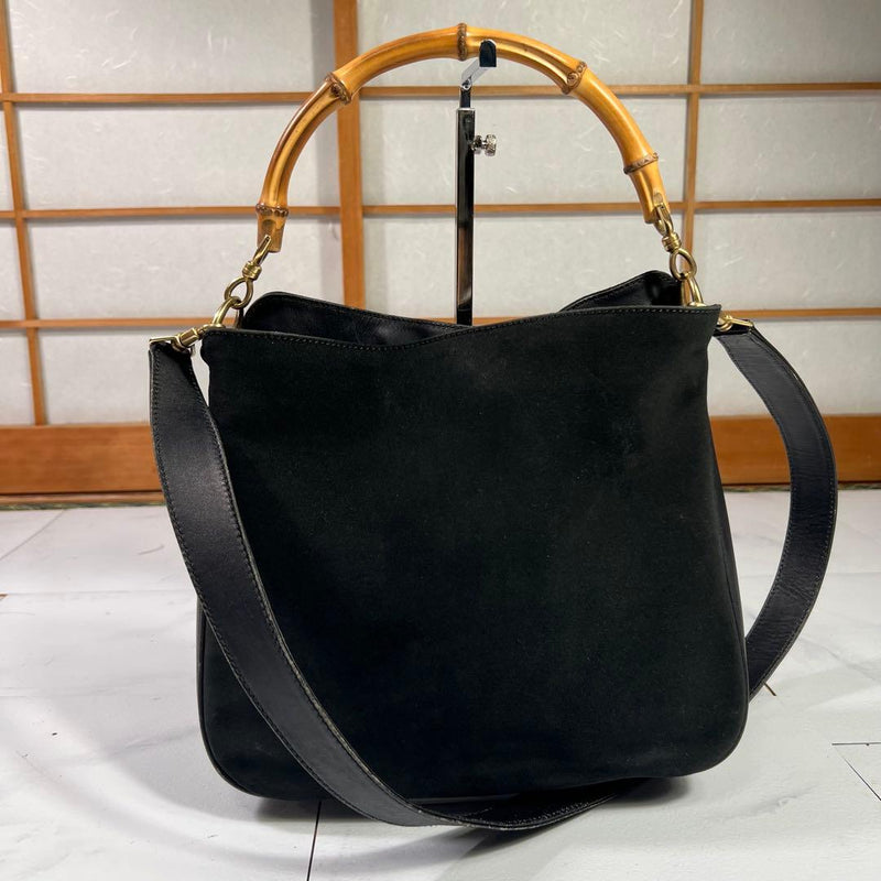 GUCCI Bamboo Old Gucci 2-Way Bag Black Leather Suede A4 Fits 24x30x9cm