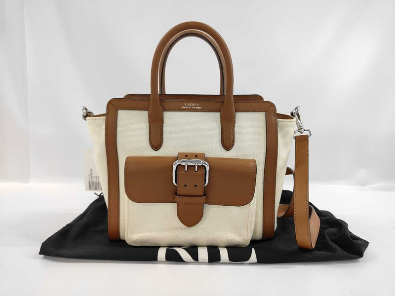 Ralph Lauren Canvas Leather Cotton 2-Way Handbag Ivory Brown 33x20.5cm