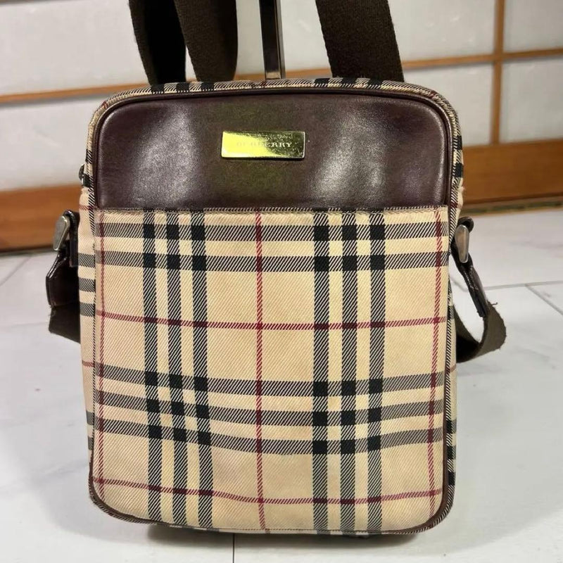 BURBERRY Nova Check Shoulder Bag Silver Logo Plate Brown Canvas Leather
