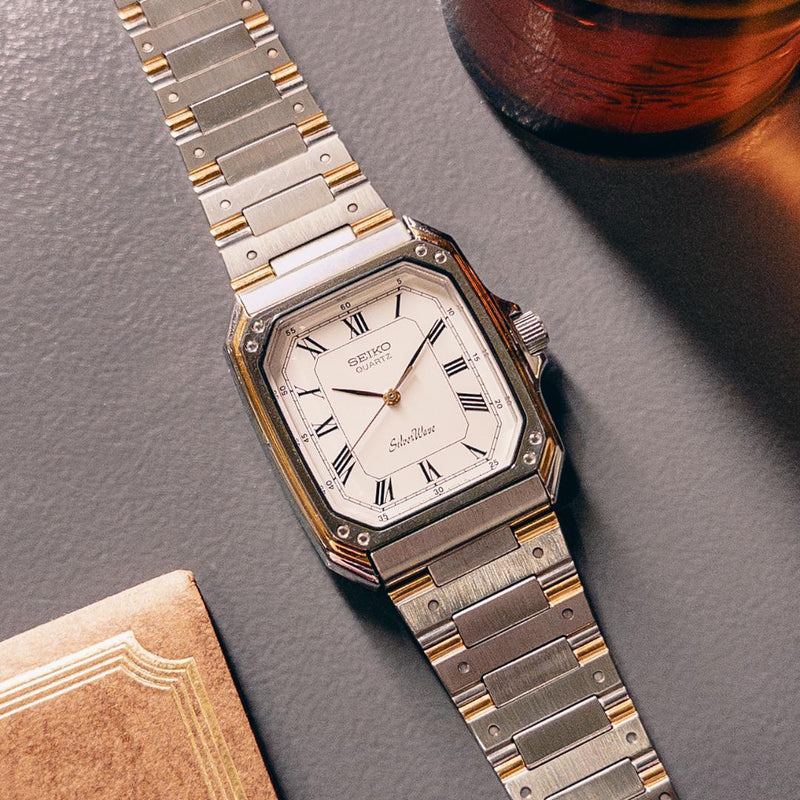 SEIKO SilverWave Quartz Rectangular 29x36mm Two-Tone White Dial Metal Bracelet