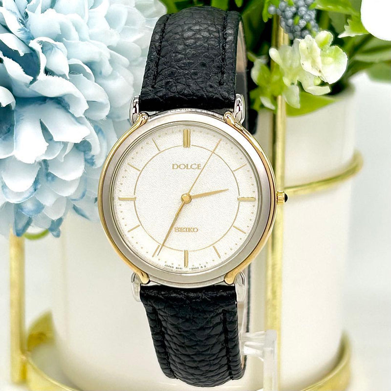 SEIKO Dolce 8N41-6110 Quartz Watch Silver Gold Case White Dial 36x33mm