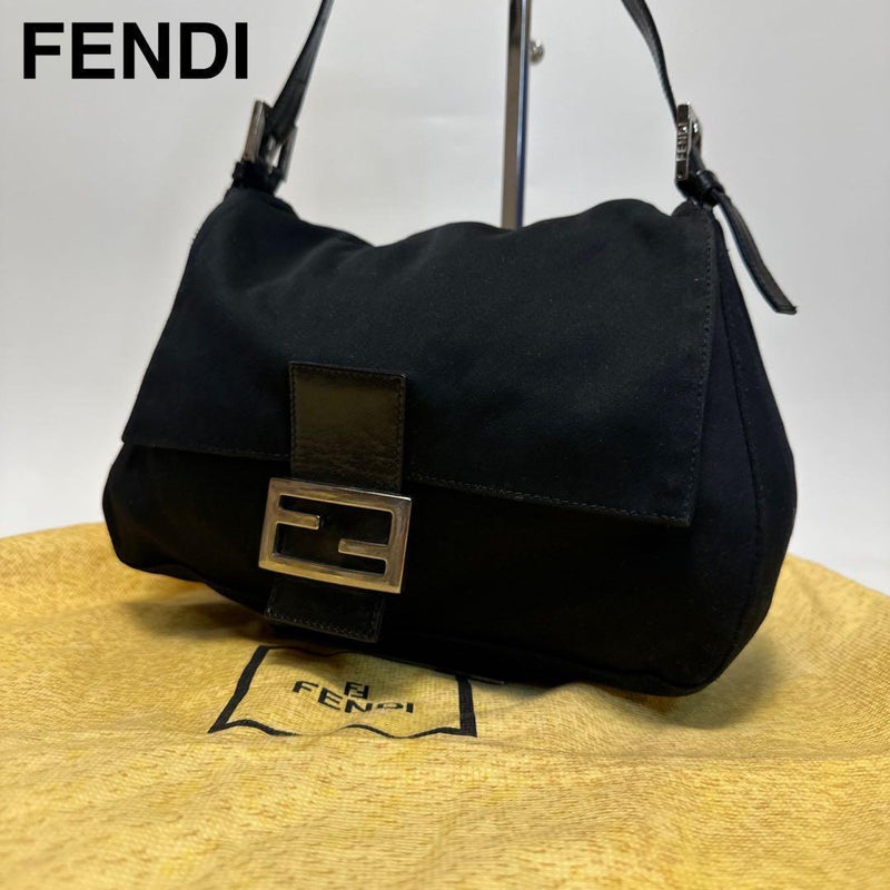 FENDI Mamma Baguette Shoulder Bag Black Cotton Jersey Leather W27.5cm H21cm