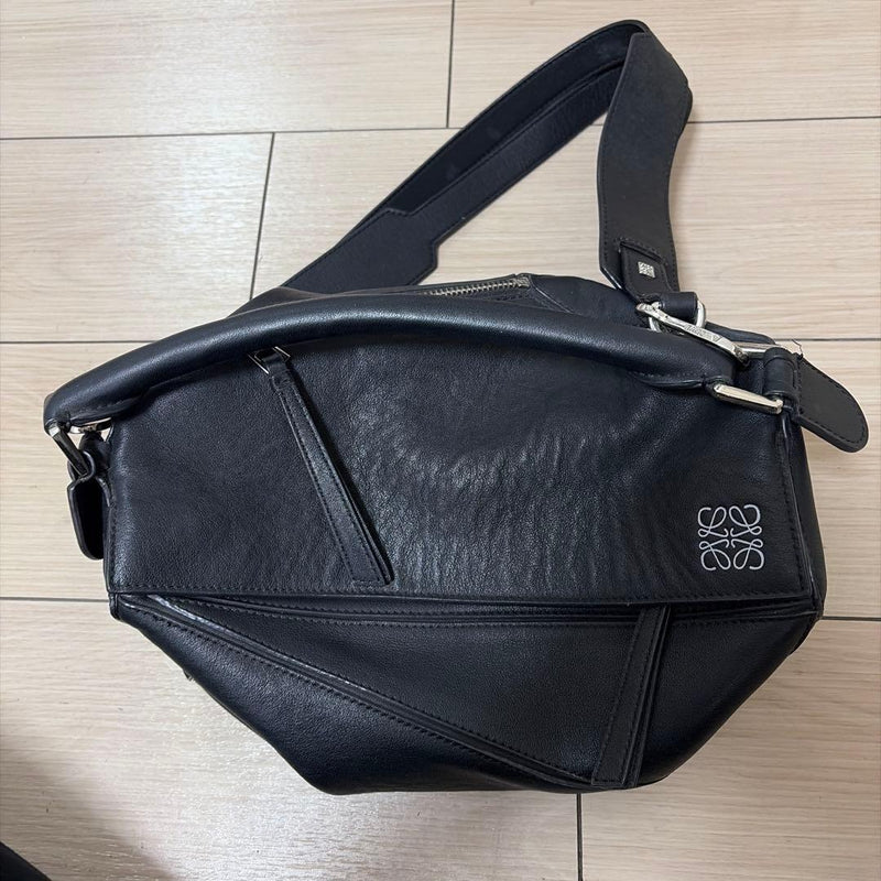 LOEWE Puzzle Bag Small Black Calfskin Leather Shoulder Top Handle Auth