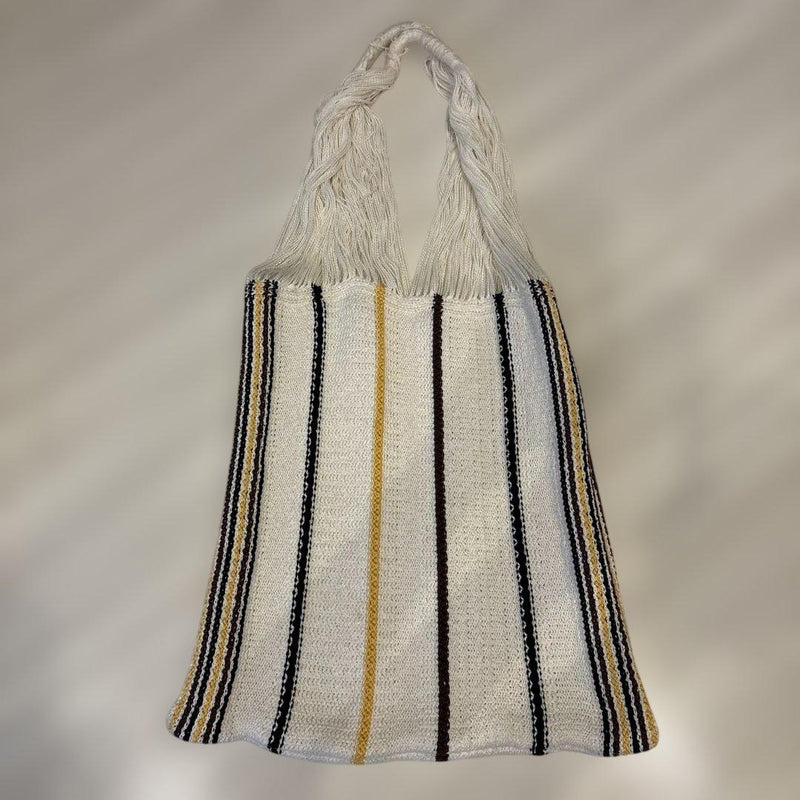JIL SANDER+ Knit Tote Bag White with Yellow Brown Stripes Braided Handle