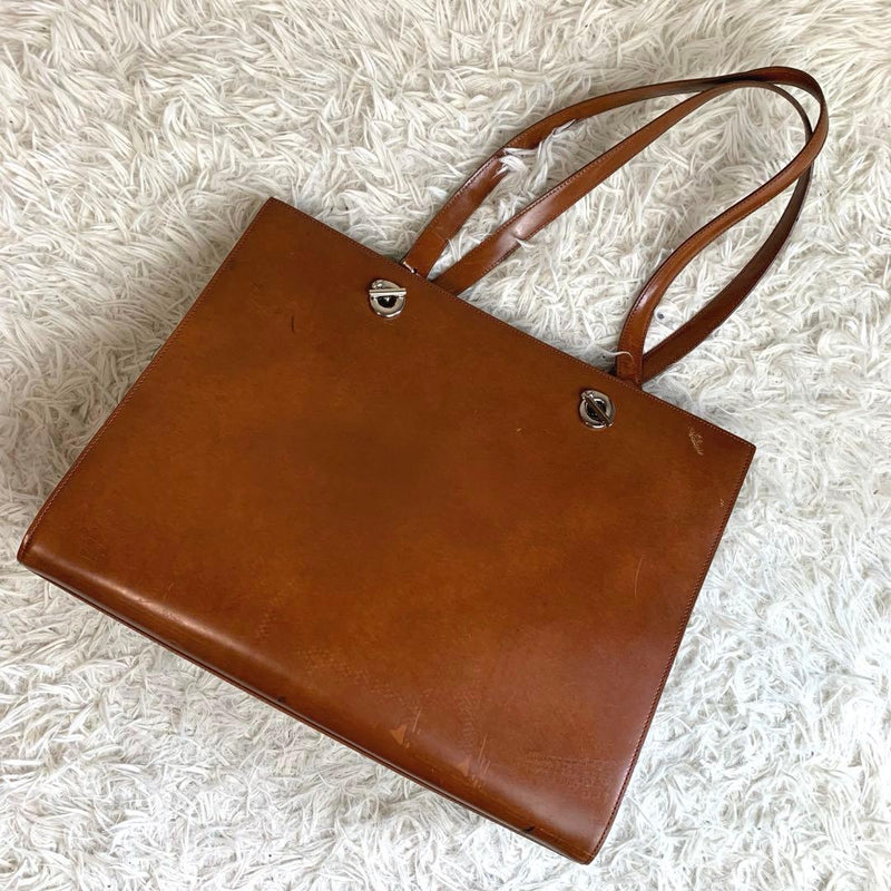 CARTIER Panthère Tote Bag Brown Leather Silver Hardware 14.6x11x4.7in