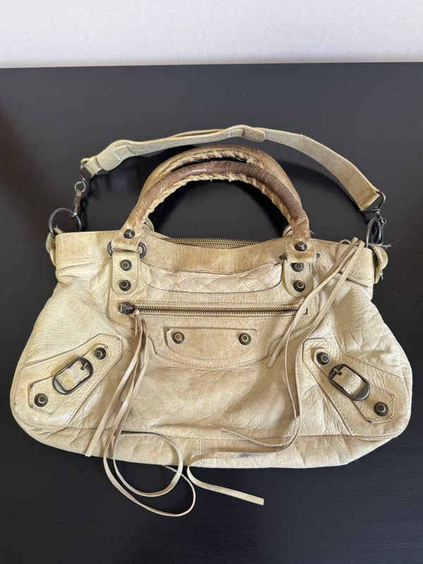 BALENCIAGA Mini City Handbag Off-White Leather Studs Braided Handle 28cm W 15cm