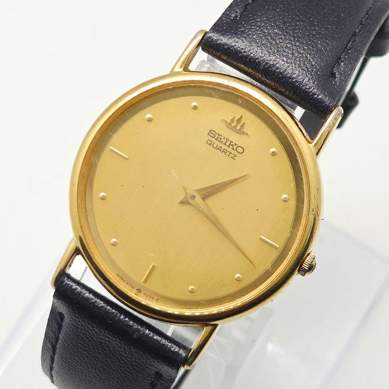 SEIKO 5Y30-7000 Mens Quartz Dress Watch Gold Tone 30mm Gold Sunray Dial Leather
