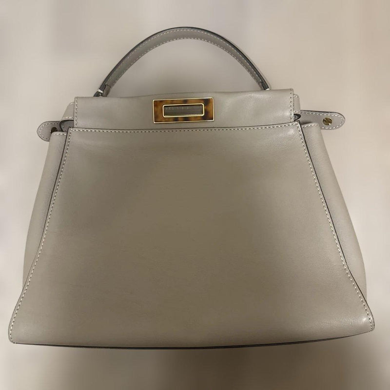FENDI Peekaboo Iconic Medium Leather Satchel Tortoise Tortora Beige Strap