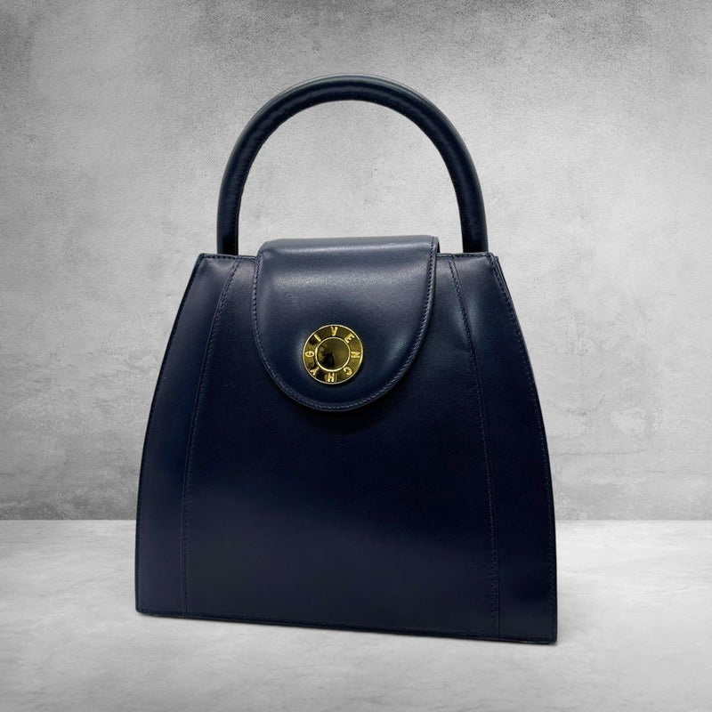 GIVENCHY Navy Leather Handbag Gold Circle Logo Flap Closure 16-23x20x10cm