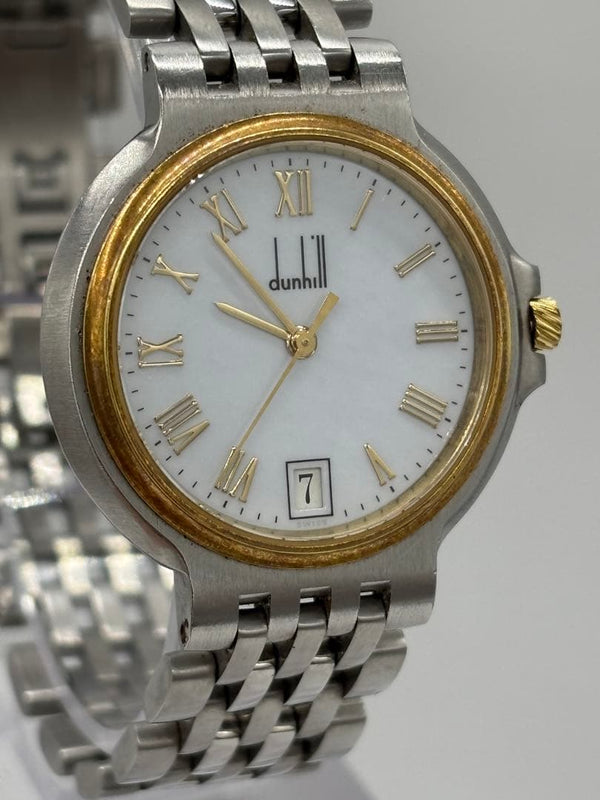 dunhill Elite Quartz Date Mens K18YG Bezel White Dial Original Band 32mm Watch