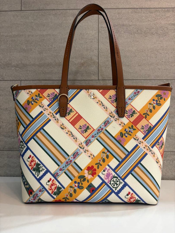 TORY BURCH Canvas Floral Stripe Patchwork Tote Bag 16.5x13.5x4 Fits 15 Laptop