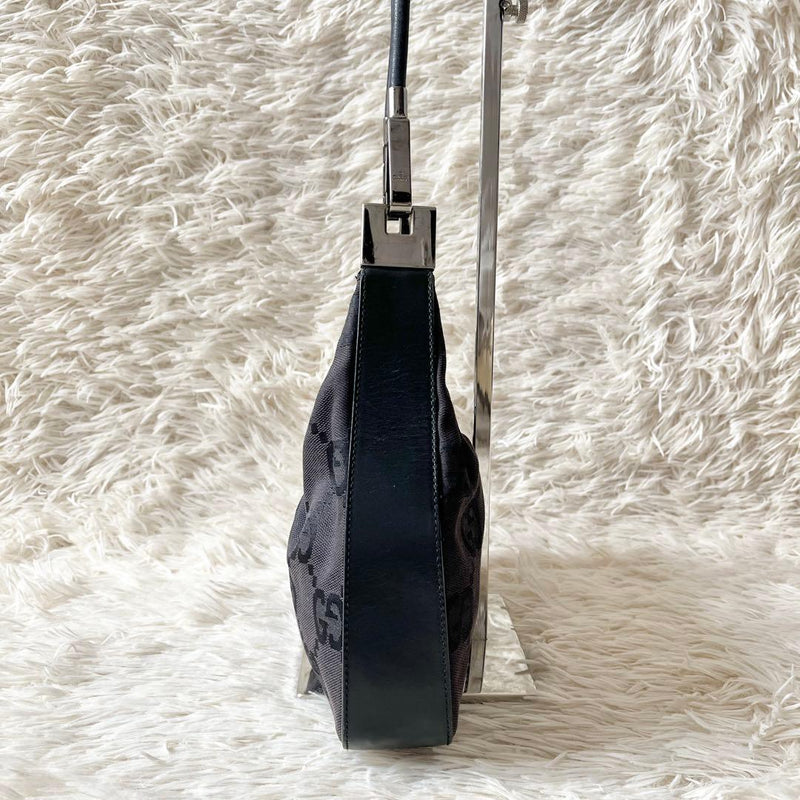 GUCCI Jackie Half Moon One Shoulder Bag GG Canvas Black Leather Silver