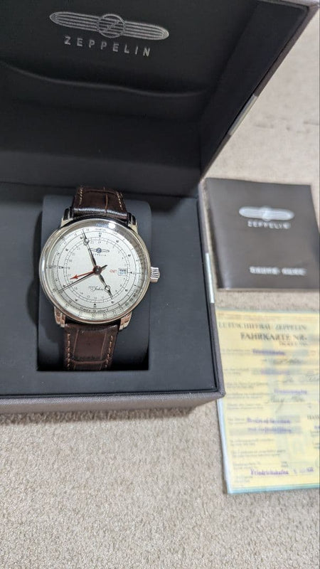 ZEPPELIN 100th Anniversary Model GMT Ivory Dial Watch 7640-1 42mm Quartz SS 50m