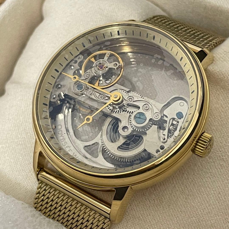ODYSSEE WATCH COMPANY OD-001G Auto Full Skeleton Gold Mesh Black Leather Watch