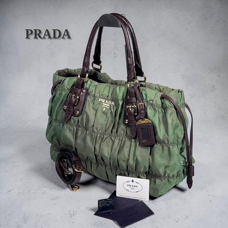 PRADA BN1788 Gathered Handbag Tessuto Gaufre Nylon Leather Green 27x40x19cm 2way