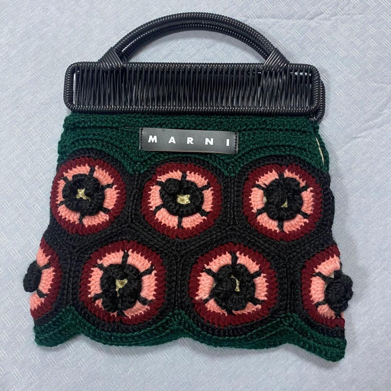 MARNI MARKET FISH Crochet Knit Tote Bag Green Multicolor Womens Wool Calf
