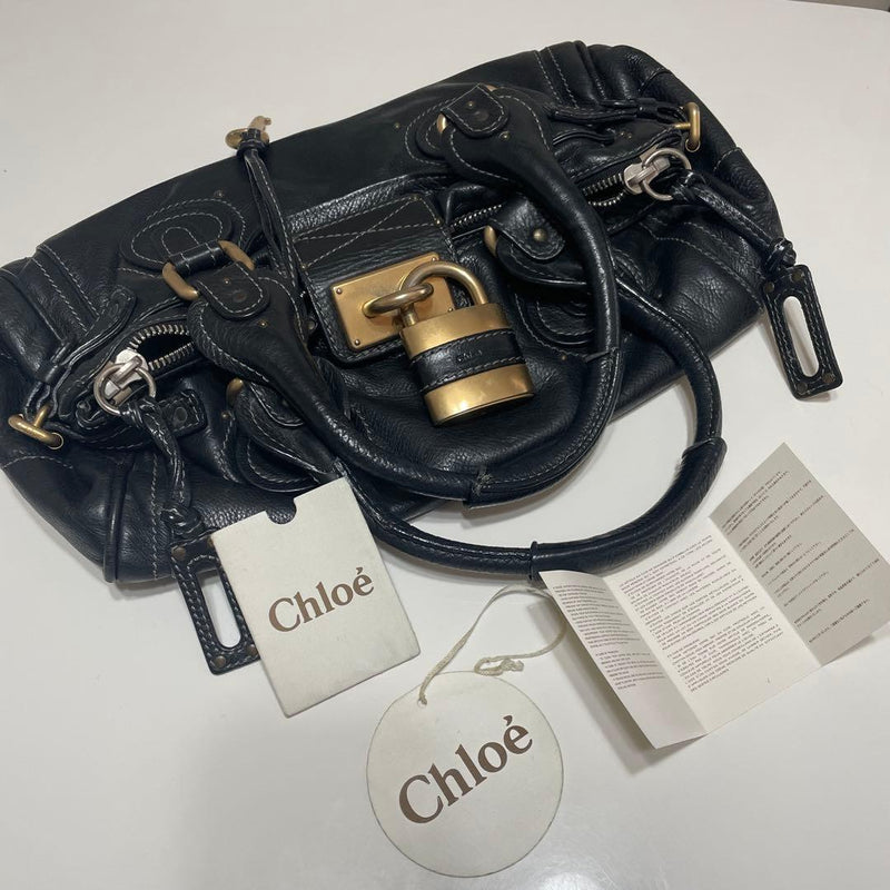 Chloe Paddington Shoulder Bag Black Grained Leather Gold Heavy Padlock Key