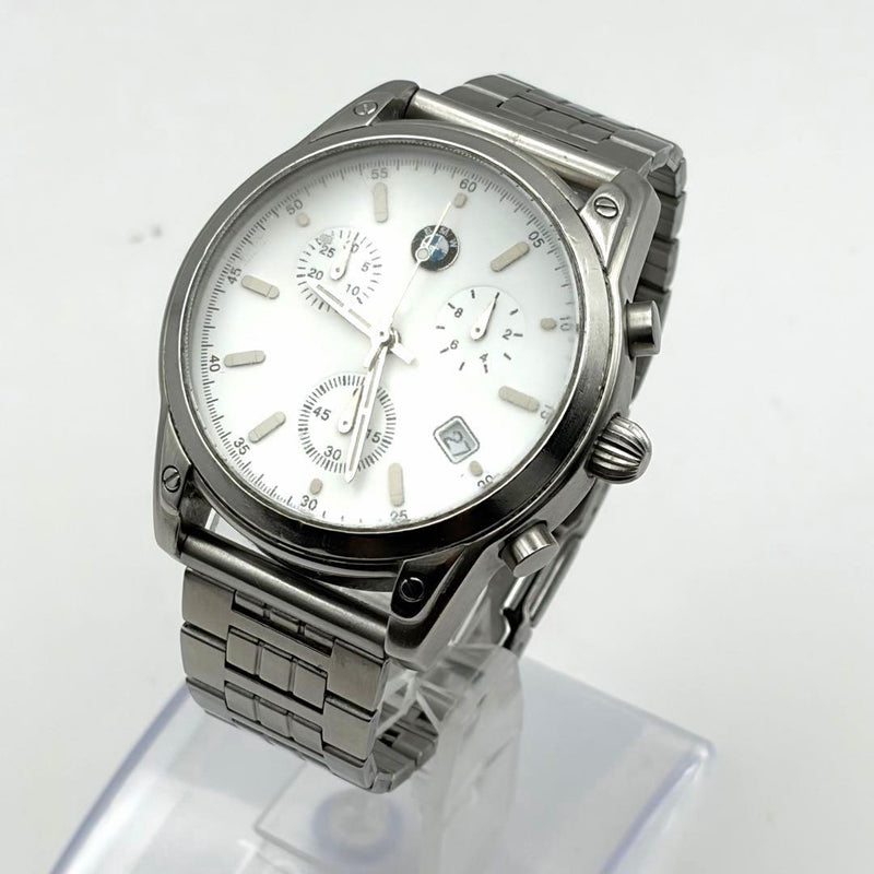 BMW Quartz Chronograph Date Watch 40mm White Dial Silver Band 16.5cm Wrist