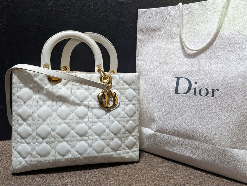 Christian Dior Lady Dior White Leather Cannage Top Handle Handbag 32cm Gold