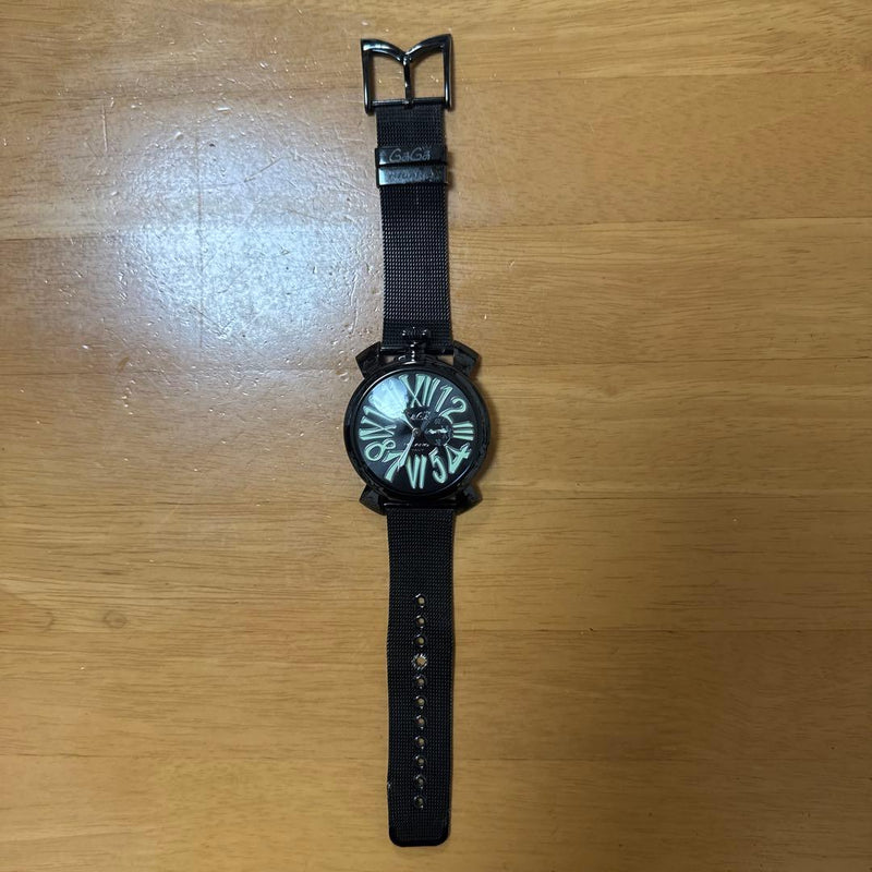 GaGa MILANO Manuale 46mm Quartz All Black Dial Black Metal Band Green Accents