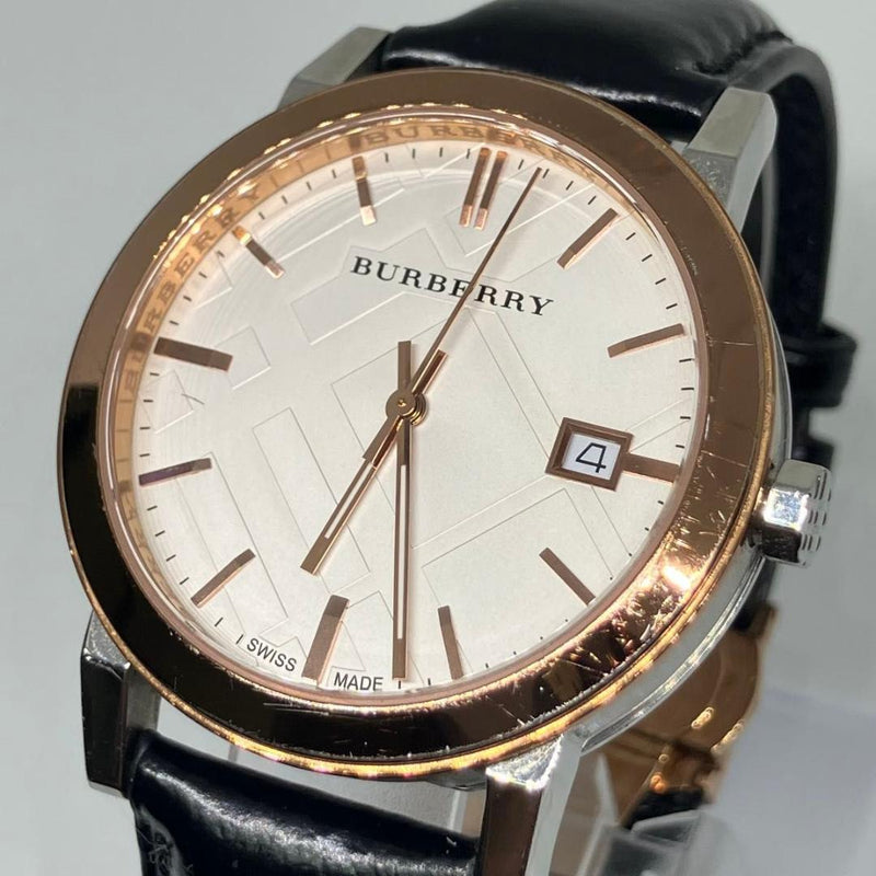 BURBERRY BU9004 Mens Quartz Watch Rose Gold Bezel Silver Dial Black Leather