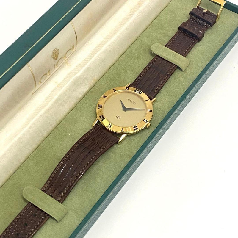 GUCCI W380 3000M 33mm Gold Dial Quartz Mens Watch Brown Band With Box