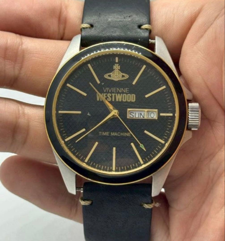 Vivienne Westwood Time Machine Quartz Gold SS Womens Black Dial Leather Day-Date