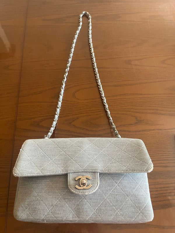 CHANEL Matelasse CC Chain Shoulder Crossbody Bag Soft Fabric Light Blue Gray