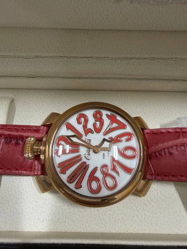 GaGa MILANO MANUALE 48mm Hand Winding Gold-tone White Dial Red Strap Watch Box