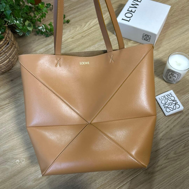 LOEWE Puzzle Fold Tote Bag IDA657G50X01 Medium Dark Khaki Shiny Calfskin Leather